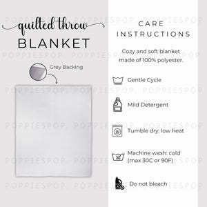 May include: A white quilted throw blanket with a gray backing. Care instructions include machine wash cold, tumble dry low heat, and do not bleach.