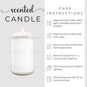 Cartão de cuidados com velas perfumadas, instruções de uso de velas de vidro de 13,75 onças, instruções para velas, cartão de cuidados com velas brancas, vela Printify, maquete de velas