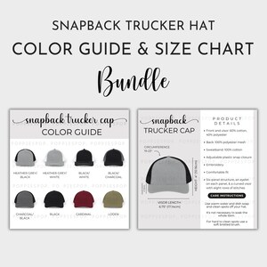 Heather Grey/Black Snapback Trucker Hat Size Chart & Color Guide, Trucker Hat Size Guide, Embroidery Cap Care Card, Printify Trucker Cap