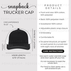 Black/White Snapback Trucker Hat Size Chart, Trucker Hat Size Guide, Embroidery Cap Care Card, Printify Trucker Cap, Dad Cap Mockup