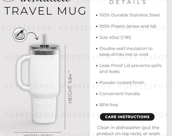 White Insulated Travel Mug Size Chart, 40 oz Tumbler Care Card, Tumbler Mockup, Tumbler with Handle, Printify Travel Mug, Printify Tumbler