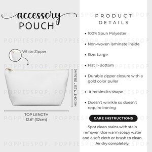 Tabela de tamanhos de bolsas grandes para acessórios, guia de tamanhos de bolsas de maquiagem, tabela de tamanhos de bolsas de cosméticos, bolsa para acessórios Printify, cartão de cuidados com a bolsa branca com zíper