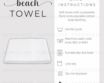 Tarjeta de cuidado de toallas de playa, Instrucciones de cuidado de toallas, Maqueta de toalla de playa, Tarjeta de producto de toalla de playa, Toalla de playa Printify, Maqueta de toalla blanca