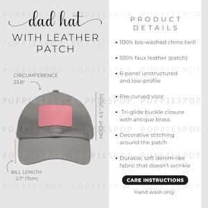 Grey Dad Hat With Pink Leather Patch Size Chart, Dad Cap Size Guide, Baseball Hat Care Card, Printify Dad Hat, Photo Listing, Hat Mockup