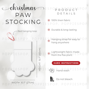 Peut inclure: Chaussette de Noël blanche en forme de patte avec une boucle de suspension rouge. La chaussette mesure 40 cm de haut et 27 cm de large. Détails du produit : 100 % lin et instructions d'entretien.