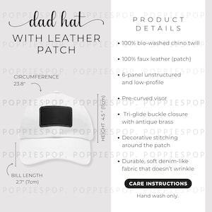 White Dad Hat With Black Leather Patch Size Chart, Dad Cap Size Guide, Baseball Hat Care Card, Printify Dad Hat, Photo Listing, Hat Mockup