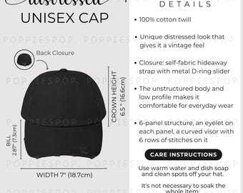 Tabela rozmiarów czarnych zniszczonych czapek unisex, przewodnik po rozmiarach czapek dla taty, karta pielęgnacji czapek baseballowych, czapka dla taty Printify, makieta czapki dla taty, tabela rozmiarów czapek plażowych