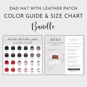 White Dad Hat With Brown Leather Patch Size Chart & Colo Guide, Dad Cap Size Guide, Baseball Hat Care Card, Printify Dad Hat, Hat Mockup