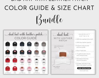 White Dad Hat With Brown Leather Patch Size Chart & Colo Guide, Dad Cap Size Guide, Baseball Hat Care Card, Printify Dad Hat, Hat Mockup