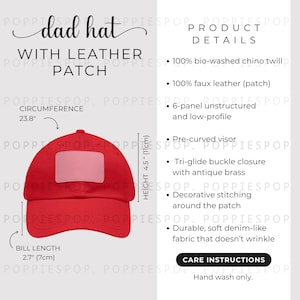 Red Dad Hat With Pink Leather Patch Size Chart, Dad Cap Size Guide, Baseball Hat Care Card, Printify Dad Hat, Photo Listing, Hat Mockup