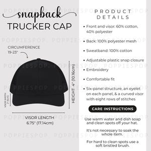 Black Snapback Trucker Hat Size Chart, Trucker Hat Size Guide, Embroidery Cap Care Card, Printify Trucker Cap, Dad Cap Mockup