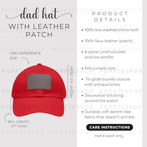 Red Dad Hat With Grey Leather Patch Size Chart, Dad Cap Size Guide, Baseball Hat Care Card, Printify Dad Hat, Photo Listing, Hat Mockup