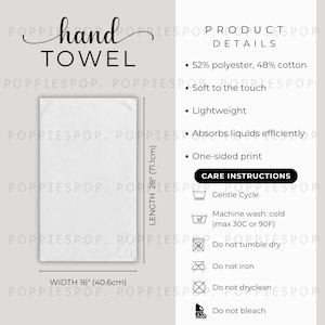 May include: White hand towel with the words "hand towel" in a script font. The towel is 40.6cm wide and 71.1cm long. Care instructions include gentle cycle wash, do not tumble dry, do not iron, do not dry clean, and do not bleach.