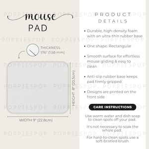 May include: A white rectangular mouse pad, 9 inches (22.8cm) wide and 8 inches (20.3cm) high, with a thickness of 1/16 inch (1.58 mm). The product details are listed on the right side of the pad.