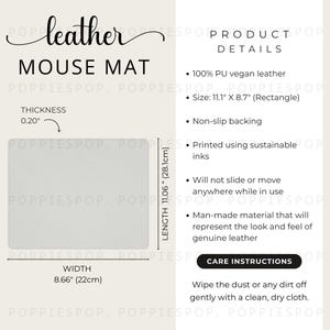 May include: A light gray mouse mat made of vegan leather with the text "leather mouse mat" in black cursive lettering. The mat measures 11.1 inches by 8.7 inches and is 0.20 inches thick. Product details and care instructions are listed on the right side of the image.