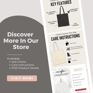 May include: A white cotton canvas tote bag with 20-inch carrying handles and reinforced stitching. The bag has care instructions for spot cleaning, line drying, and not ironing directly over the printed area. The text "Cotton Canvas Tote Bag" and "Care Instructions" is printed on the image.