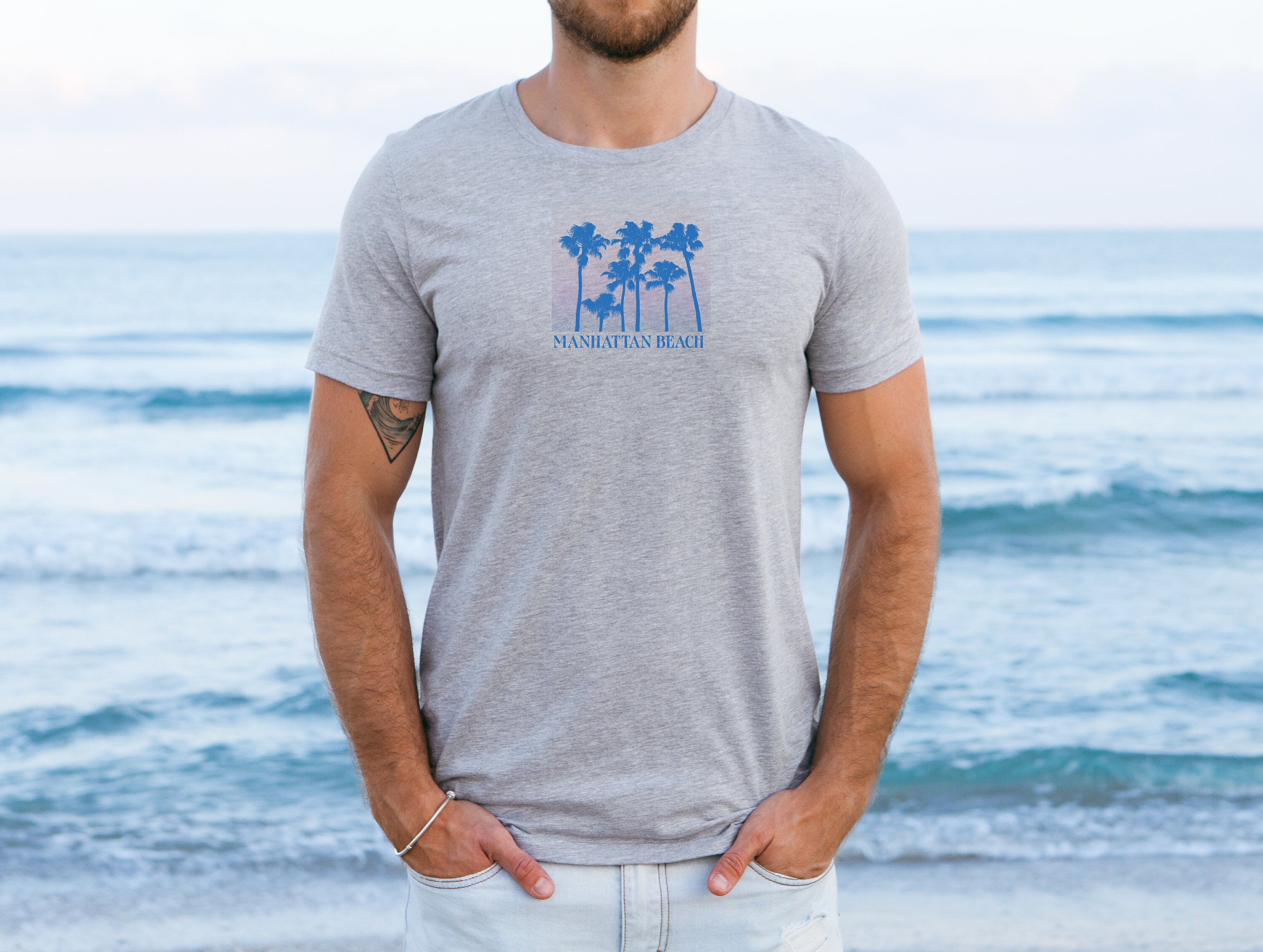 Ocean Blue Manhattan Beach Palm Tree Sunset T-shirt Minimal