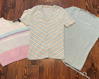 Women’s Vintage Knitted Short Sleeve Pastel Sweater Blouse Lot 3 - Sz S