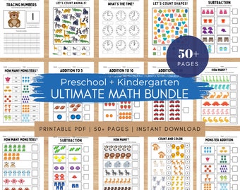 Hoja de trabajo de matemáticas para preescolar, jardín de infantes, conteo, suma, paquete de aprendizaje definitivo, hojas de trabajo de actividades imprimibles, plan de estudios para niños pequeños de preescolar