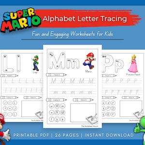 Super Mario - Práctica de escritura a mano con trazado de letras del alfabeto ABC: Actividad divertida y atractiva para niños en edad preescolar y jardín de infantes.
