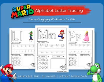 Super Mario - Práctica de escritura a mano con trazado de letras del alfabeto ABC: Actividad divertida y atractiva para niños en edad preescolar y jardín de infantes.
