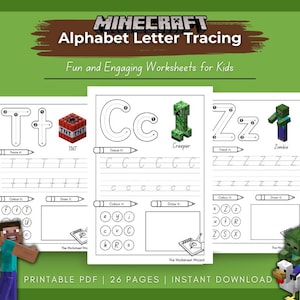Può includere: Fogli di lavoro per il tracciamento delle lettere dell'alfabeto a tema Minecraft. Ogni pagina presenta una lettera con un personaggio o oggetto di Minecraft corrispondente, come TNT, Creeper e Zombie. Include linee di tracciamento, attività di colorazione e disegno.