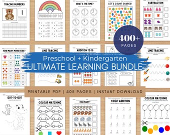 Paquete de aprendizaje para preescolar, niños pequeños y jardín de infantes: alfabeto, números, matemáticas, suma, formas, colores, unir los puntos y palabras reconocibles a simple vista.