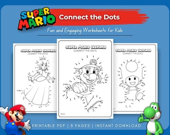 Hoja de trabajo de Super Mario para conectar los puntos. Práctica de habilidades motoras finas: preescolar y jardín de infantes. Punto a punto para niños. Actividad divertida y atractiva.
