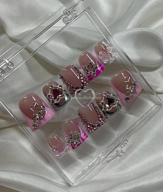 pink duck nail press ons / blinged press ons/ custom press on set / y2k nails