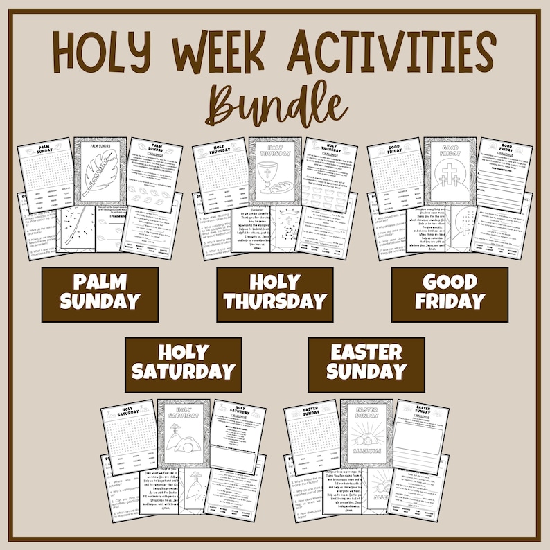 Paquete de actividades de Semana Santa Domingo de Ramos Jueves Santo Viernes Santo Sábado Santo Domingo de Pascua Triduo Pasión Láminas para colorear católicas para niños imagen 1