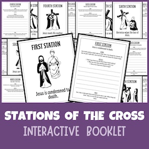 May include: A collection of black and white Stations of the Cross interactive booklets. Each booklet features illustrations and text describing the events of Jesus's crucifixion. The title "Stations of the Cross Interactive Booklet" is displayed in purple text.