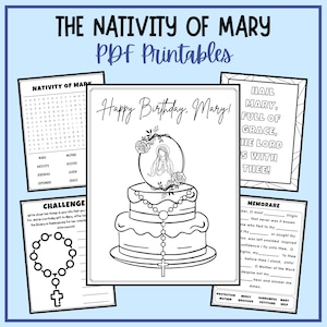 Puede incluir: Una colección de imprimibles en PDF con el tema "La Natividad de María". La imagen central es un pastel con una ilustración religiosa y el texto "¡Feliz cumpleaños, María!" Otros imprimibles incluyen una sopa de letras, una oración y un desafío.
