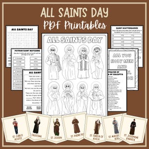 May include: A collection of "All Saints Day" PDF printables. The image features a variety of activities, including a word search, matching game, and saint illustrations. The printables are designed with a brown background and include the text "All Saints Day" and the names of various saints.