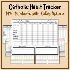 May include: Printable Catholic habit tracker with color options. The tracker includes sections for morning prayer, mass, confession, adoration, rosary, evening prayer, and novena prayer. There are also sections for monthly intentions and monthly virtue.