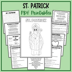 Puede incluir: Una colección de imprimibles en PDF del Día de San Patricio. La imagen presenta una página central para colorear de San Patricio sosteniendo un trébol, rodeada de hojas de trabajo con texto como "All About St. Patrick" y preguntas de discusión. El título "St. Patrick PDF Printables" está en la parte superior.