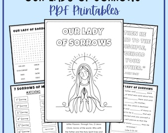 Our Lady of Sorrows Feast Day Kids Activities Printable | Seven Sorrows of Mary Catholic Worksheets, Coloring Pages, Word Search, Catechism
