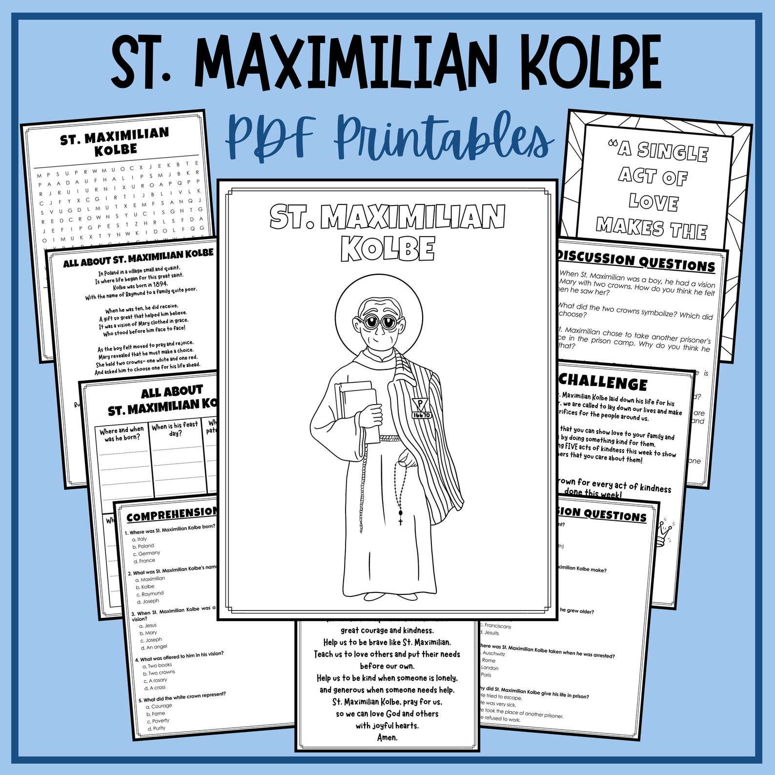 St. Maximilian Kolbe Feast Day Kids Activities Printables Catholic Worksheets Mass Coloring ...