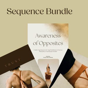 May include: A bundle of three yoga sequence guides with images of yoga poses. The guides are titled "Trust", "Awareness of Opposites", and "Balance". Each guide includes a yoga sequence, philosophy, Sanskrit, and teaching tips.