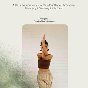 May include: A book cover with the title "Awareness of Opposites" in brown text. The cover features a woman in a brown tank top and beige pants performing a yoga pose against a white brick wall. The text below the title reads "A Hatha Yoga Sequence for Yoga Practitioners & Teachers Philosophy & Teaching tips included" and "By Gigi Ray Temple of Bear Wellbeing".