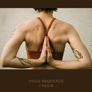May include: A woman wearing a brown sports bra with her arms crossed in front of her, hands in prayer position. The text "TRUST" is at the top of the image and "YOGA SEQUENCE 1 HOUR" is at the bottom. The text "Philosophy, Sanskrit & Teaching-tips included" is below the yoga sequence text.