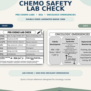 May include: A double-sided laminated badge card titled Chemo Safety Lab Check. The front displays a table for pre-chemo labs and a BSA calculation formula. The back lists oncologic emergencies including febrile neutropenia and tumor lysis syndrome.