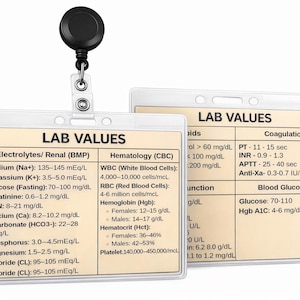 May include: Two clear plastic lab value ID badges with a black retractable badge reel. The badges display medical information, including electrolyte, renal, and hematology values. The text "LAB VALUES" is printed at the top of each badge.
