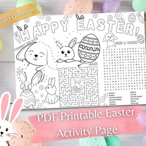 May include: A printable Easter activity page with a connect the dots puzzle, a maze, and a word search. The page features a bunny rabbit, an Easter egg, and the words "Happy Easter!"