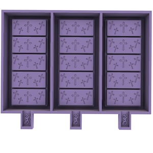 May include: Purple silicone mold with three sections, each containing a grid of small cross shapes. The mold is designed for making chocolate or other treats.