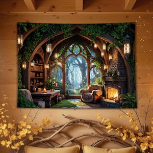 Könnte beinhalten: Ein rechteckiger Wandteppich mit einer Fantasy-Bibliotheksszene, gewölbten Holzfenstern, einem Steinkamin mit brennendem Feuer, einem Holztisch, einem Bücherregal und hängenden Laternen, umgeben von üppigen grünen Ranken und Waldblick.