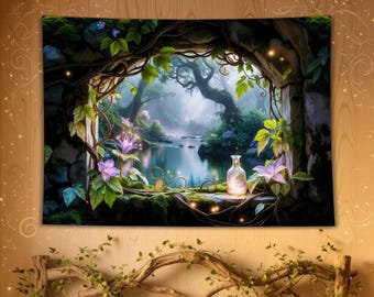 魔法の森の窓の景色を描いた壁掛けタペストリー | 妖精の川の風景、花のつる