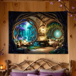 May include: A wall tapestry featuring a fantasy forest interior with a large circular window overlooking a glowing waterfall, a cosy armchair, a wooden desk with lanterns, and a bed nestled within tree-like structures with soft ambient lighting.