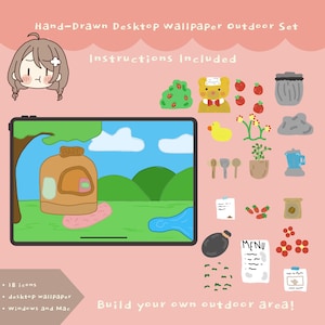 May include: A digital illustration of a hand-drawn desktop wallpaper outdoor set. The image includes a tablet displaying a landscape scene, along with various icons such as a bear, duck, and menu. Text reads "Build your own outdoor area!"