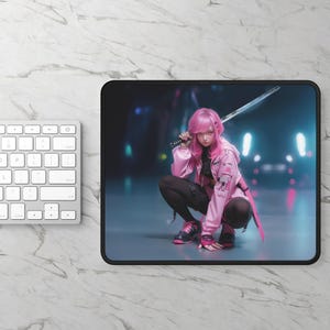 Cyberpunk Pink Hair Gaming Mouse Pad, Sci-Fi Futuristic - Gamer Desk Mat, Cool Computer Accessories, Unique Gaming Gift for Him, Trendy