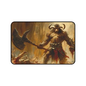 May include: A large, muscular, brown-skinned minotaur with horns and a bull's head, wielding a large axe, stands in a bloody battle scene. The minotaur is wearing a red loincloth and a leather belt with metal accents. The background is a blurry scene of a battle with other figures and a golden structure.